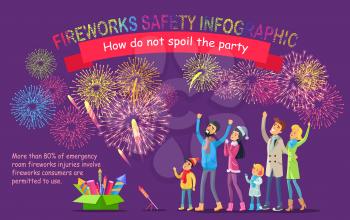 Fireworks safety infographic. How do not spoil the party. Vector illustration of people looking at sky with bright pyrotechnics, green box of fireworks set on ground and text information on violet