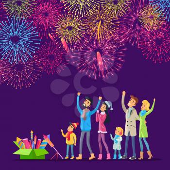 Adults and children watching explosion of colourful salutes in sky and green box with pyrotechnics near them. Vector illustration of people celebrating New Year with fireworks, holiday celebration