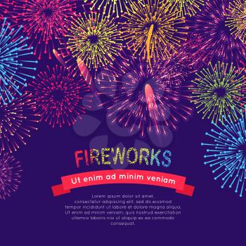 Fireworks web banner on blue. Burst of salute elements vector illustration. Poster in flat style for celebration holidays and parties. Greeting card design in New Year and Christmas concept.