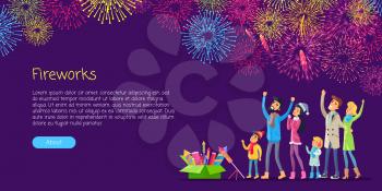 Fireworks. Adults and children watching explosion of colourful salutes in sky and green box with pyrotechnics near them. Vector illustration of people celebrating New Year and space for text