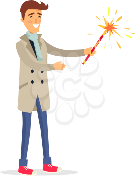 Isolated man in beige coat, blue jeans, light scarf and red shoes holds fireworks device in one hand. Vector portrait of cartoon smiling male person in going to make salute party in flat style