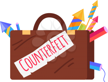 Counterfeit brown case with pyrotechnics isolated on white. Vector cartoon illustration of suitcase with inscription and peeping out bright fireworks. Dangerous elements for New Year celebration