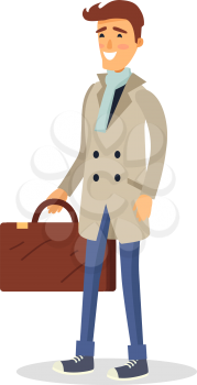 Isolated man in beige coat, jeans, light scarf and blue shoes holds brown suitcase on white. Vector portrait of cartoon smiling male person ready for travelling or just bought something in case