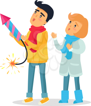 Cartoon boy and girl set off blazing striped firework rocket. Improper behaviour by children with pyrotechnics. Flat vector illustration of frightened little people playing with dangerous equipment