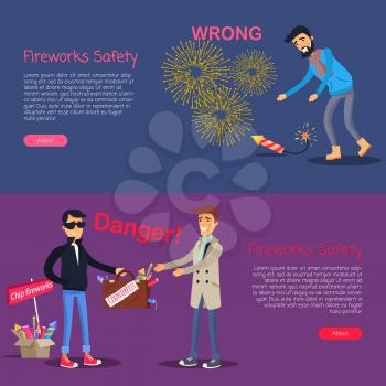 Fireworks safety. Danger deal and wrong usage of pyrotechnics web banner. Man leans to pick up burning firecracker. Man selling cheap and illegal counterfeit to trustful male person. Vector.