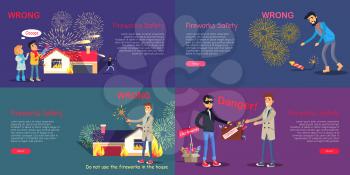 Fireworks safety. Web banner of wrong acting with pyrotechnics and danger during buying counterfeit. Vector set of children using rocket incorrectly, man picking up blazing harmful firecracker