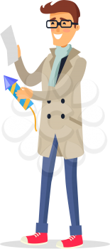 Isolated man in beige coat, blue jeans, light scarf and red shoes holds rocket and reads instruction. Vector portrait of cartoon smiling male person in glasses going to make firework party