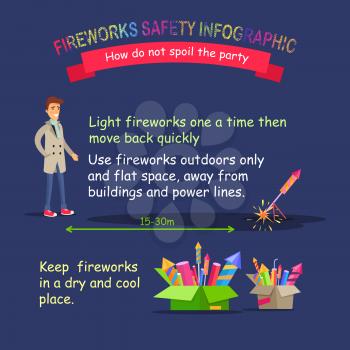 Fireworks safety infographic, vector guide how do not spoil the party. Man on right distance from blazing firework rocket, correct keeping pyrotechnics in dry and cool place and text information.