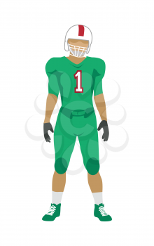 American football. Football player in green uniform, shoes and white helmet. Green football equipment. Sport team game. Cartoon icon of football player. American football sign. Sportsman logo. Vector