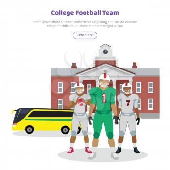 Colleage football team. High school on the background. American football. Football players with ball in hands in white and gree uniform. Sport team game. Cartoon icons of football players. Vector