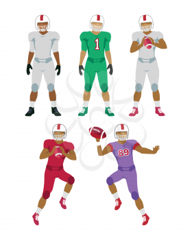 Collection of icons of five american football players in helmets. Three still standing men, one holding a ball. Two jumping and throwing balls players underneath. Simple cartoon style. Vector