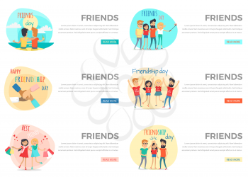 Friends conceptual web banners set. Happy people cartoon characters spending time together flat vector on white. Friends and friendship day colorful internet page templates with joyful men and women