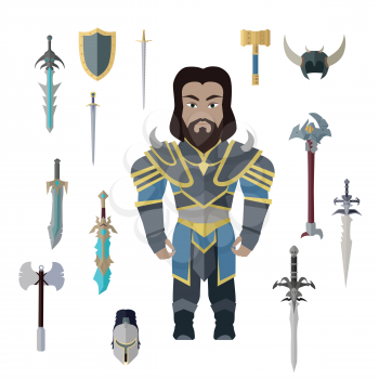 Fantasy knight character with cold weapons vector. Flat design. King personage in fairy bright armor and collection of armor, swords, axes, shields. hummer. Illustration for games industry concepts.