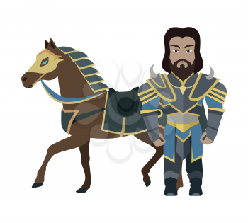 Cartoon knight warrior with horse. Stylized fantasy game medieval character. War concept. For computer games, mobile appliances. Part of series of game objects in flat design. Vector illustration.