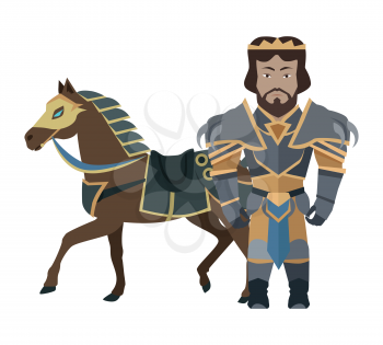 Fantasy knight character vector in flat design. King game personage in fairy bright armor near warhorse. Illustration for games industry concepts, icons and pictograms. Isolated on white background.