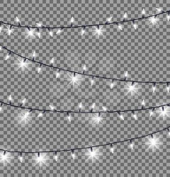 Garlands with round bulbs on dark transparent background. Christmas lights design elements with black ropes and light lamps. Vector illustration of festive holiday card with lightning objects