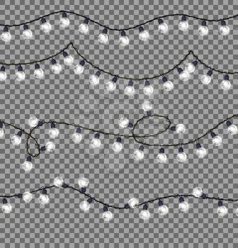 Garlands with round bulbs on dark transparent background. Christmas lights design elements with black ropes and light lamps. Vector illustration of festive holiday card with lightning objects