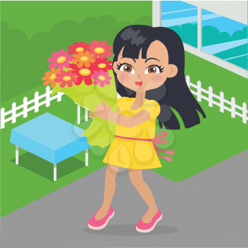 Girl holds bouquet of flowers in her hands at yard. Little girl has leisure time. School girl during break. Young lady at playground, with favourite flowers. Daily activity. Vector illustration