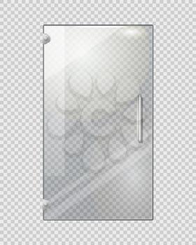 Transparent door isolated on grey checkered background. Vector illustration of isolated clear glass door with long doorhandle. Mock up decorative object of shops, boutiques for entrance and exit