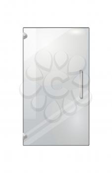 Transparent door isolated on white background. Vector illustration of isolated clear glass door with long doorhandle. Mock up decorative object of shops, boutiques for entrance and exit