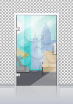 Office workplace through glossy glass door view flat vector. Entrance to the reception with sofa, bonsai tree and city view from window. Modern office interior design illustration for business concept