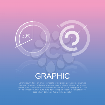 Graphic round diagrams with and without percents information on pink-blue background. Vector illustration of circular chart showing 30 percents and scheme of graph building for business project