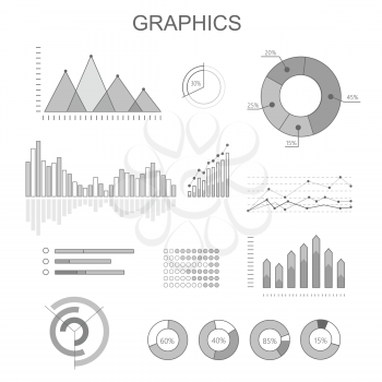 Black and white graphics poster with diagrams in round, rectangular shapes rising, falling column charts. Colourless banner with business concepts for demonstrating progress and regressions.
