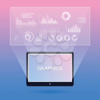 Graphic diagrams and tablet with white inscription. Elements for presentations on modern gadgets in flat style. Business concept diagrams demonstrating by map-board on transparent background