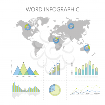 World infographic vector with graphics. Curves fluctuations, column and pie diagrams with world map silhouette in background. Statistic information elements for business, politics or social concepts