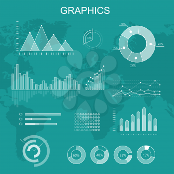 Set of transparent vector graphics. Curves fluctuations, column and pie diagrams on world map background. Global economy statistic information. Info elements for business, politics or social concepts