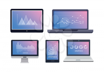 Graphics on technological equipments on white. Rising and falling column charts, triangular and round diagrams shown on gadgets displays. Vector poster of laptops, smartphone and computer screen