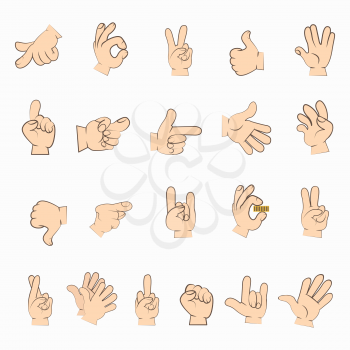 Hands set in different gestures isolated on white. Human hands interpretations. Emotions expressed by sign language. Signed language manual communication to convey meaning. Vector illustration