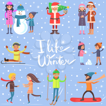 I like winter poster with sportive people enjoying snow on blue. Vector illustration of winter activities making snowmen and snow balls, drinking coffee, teaching skiing, ice-skate or snowboarding