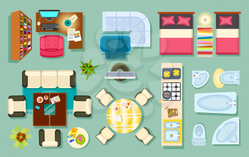 Flat interior top view. Living room, bathroom, bedroom. kitchen, office room. Modern furniture in isometric style. Pieces of furniture and household utensils. Cosy house design. Vector illustration