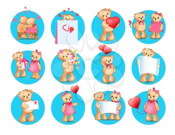 Loving cartoon bears icons set. Cute hugging bears with hearts balloon, flowers and empty paper sheets flat vectors isolated on white. Romantic animals couple illustration for Valentine greeting card