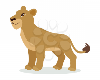 Lioness or lion cub cartoon character. Adult lion female flat vector isolated on white. African fauna. Wild animal illustration for zoo ad, nature concept, children book illustrating