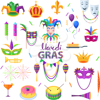 Mardi Gras carnival elements colourful collection on white. Festival masks with feathers, red cocktail, yellow-green drums, colourful petards and balloons, tasty pancakes. Party design elements