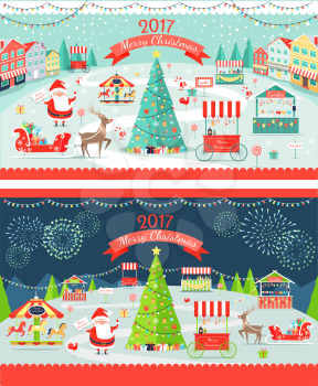 Christmas market day and night panoramic vector illustration. Merry Christmas and Happy New Year greeting card design. Xmas tree, santa, deer and sledges, shops and carrousels. Big sale. Firework
