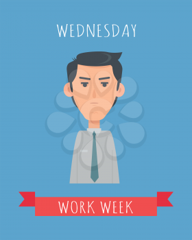 Work week emotive concept. Calm brunet man in shirt and tie flat vector illustration. Wednesday neutral mood. Office worker weekly calendar. Employee business efficiency. Everyday routine work