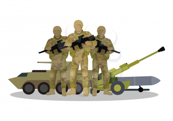 Different types of armed forces. Soldiers in ammunition with guns, APC, cannon, ballistic missile flat vector illustrations isolated on white. For warfare concepts, military service contract ad