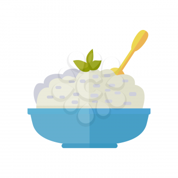 Dairy dish vector illustration in flat design. Cottage cheese or porridge in blue plate with spoon and herb.  Natural and healthy nutrition. For food concept, milk production ad. Isolated on white