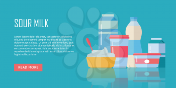Different traditional dairy products from sour milk on blue background. Sour milk, cottage cheese and yogurt. Assortment of dairy products. Farm food. Dairy website template.