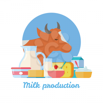 Traditional dairy products from cow s milk. Different dairy products on background of cow. Natural farm food concept. Assortment of dairy products. Vector illustration in flat style.