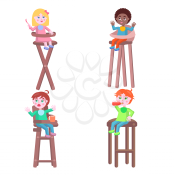 Baby with good appetite. Little boys and girls seating on children high chairs with bottle, cup and spoon flat vector isolated on white. Toddlers takes food illustration for kids feeding concepts