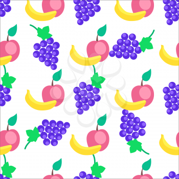 Colorful fruits cartoon seamless pattern. Banana, apple and grapes flat vector isolated on white background.  Edible plants ornament with repeating elements for wrapping paper, cards and prints  