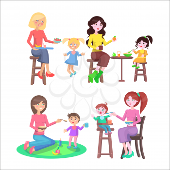 Mother feeding naughty children with spoon or fruit and vegetables colourful collection on white. Vector illustration of young moms sitting on stool or ground and giving healthy food for kids