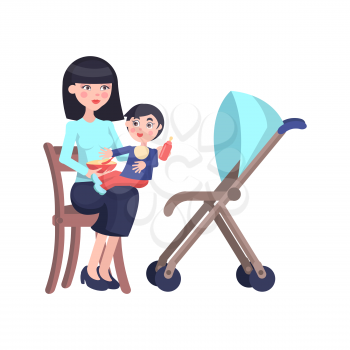 Happy mother feeds little son. Young woman sitting on chair near baby carriage with toddler boy in bib on her knees isolated flat vector. Kid eating porridge illustration for child nutrition concepts