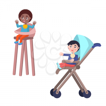 Cute toddlers in child bibs. Little caucasian boy and african american girl seating in baby carriage and highchair flat vector isolated on white. Happy children illustrations for parenthood concepts