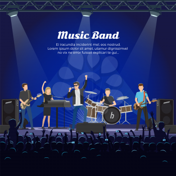 Music band on stage and many spectators underneath it. Singer, two guitar player, one drummer and pianist girl giving a concert huge auditorium. Vector illustration of musical group on stage.