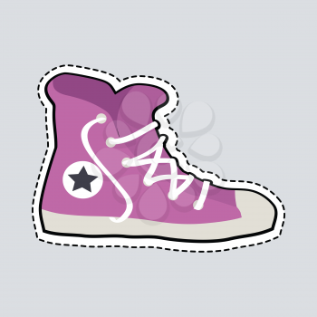 Violet sport footwear patch. Illustration of one sneaker with white loosed shoelace. Fashionable shoes for people. White sole. Sportive shoes with dashed line. Cartoon design. Flat style. Vector